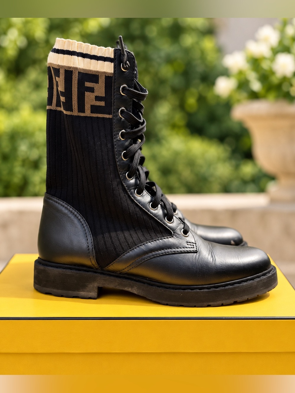 AUTHENTIC FENDI Rockoko FF Logo Combat Boots Black Leather EU 38 - Picture 7 of 17